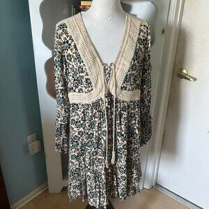 Navy and cream boho dress, bell sleeves, XL